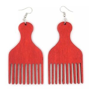 Red Afro Pick Comb-Shaped Earrings